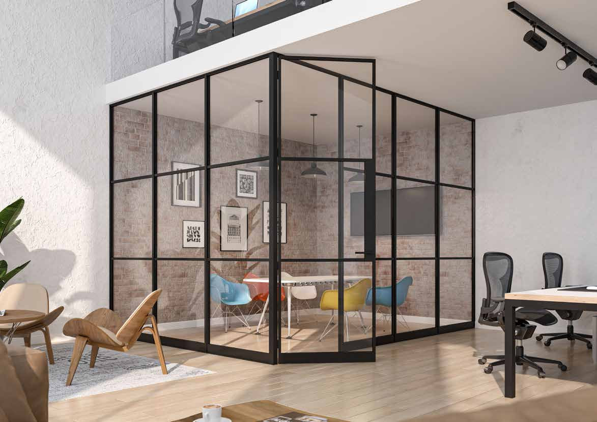 Glazed corner room divider in a workspace