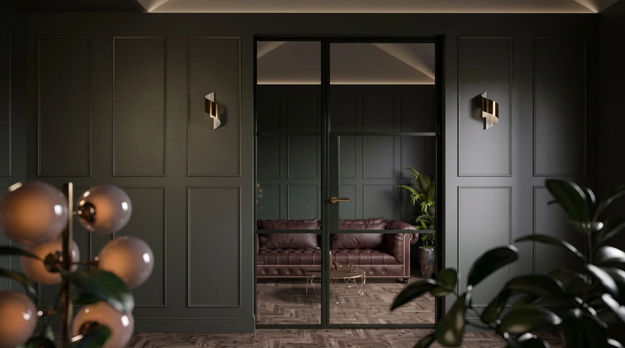 Glazed office room divider with slim steel look framing