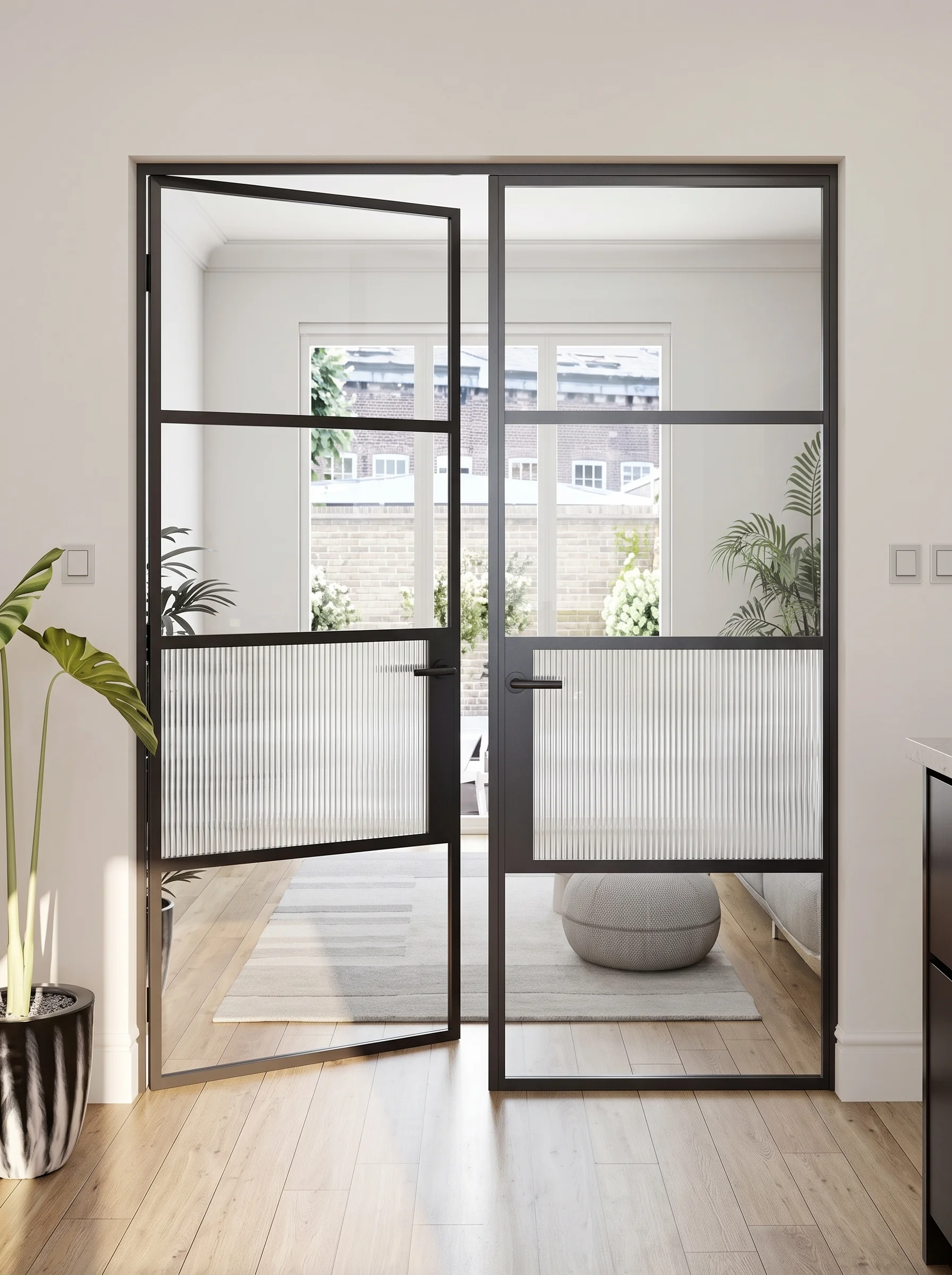 Double internal doors with reeded glass panels